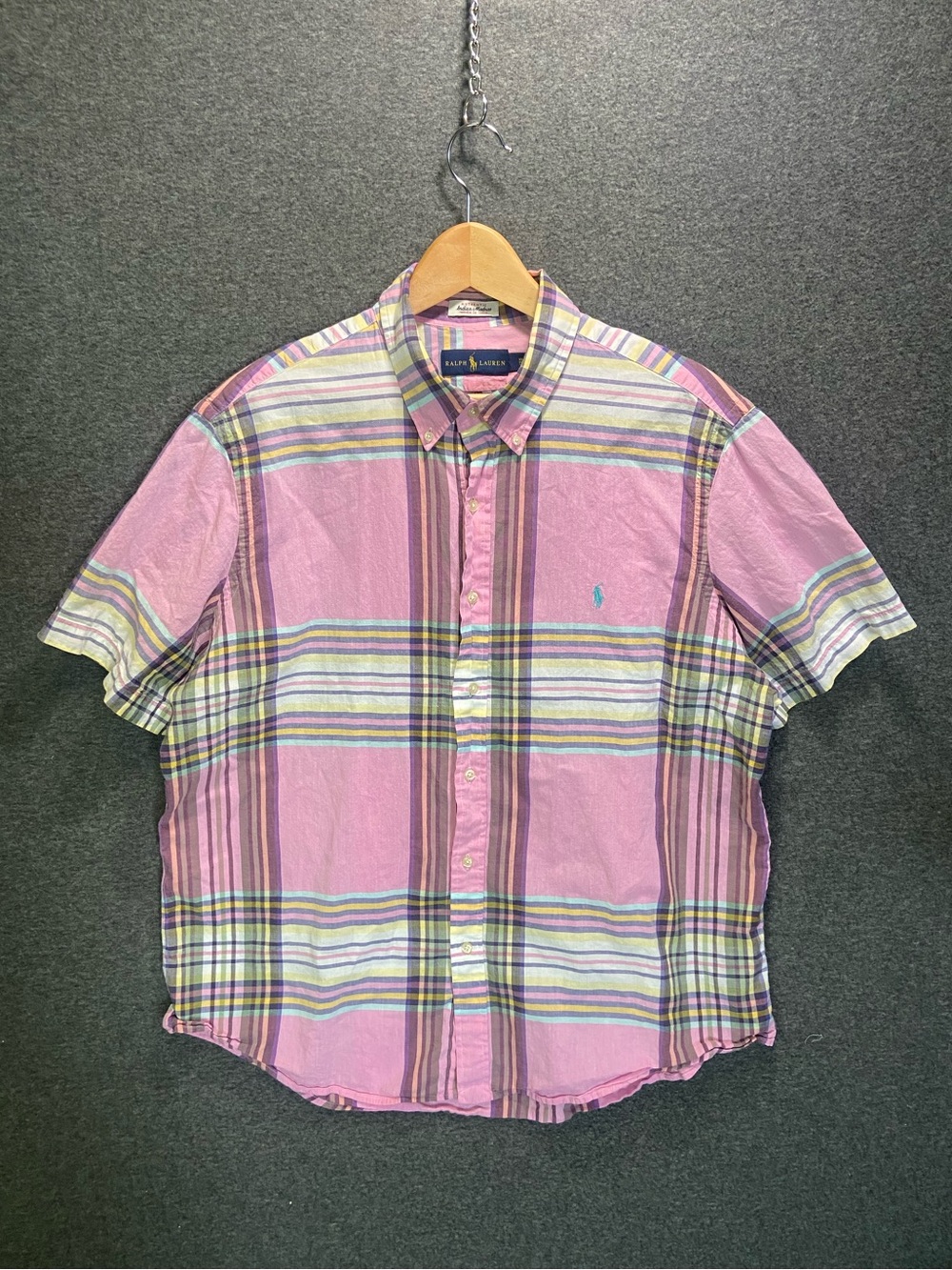 Ralph Lauren Authentic Indian Madras Shirt Mens XXL Pink Plaid Short Sleeve
